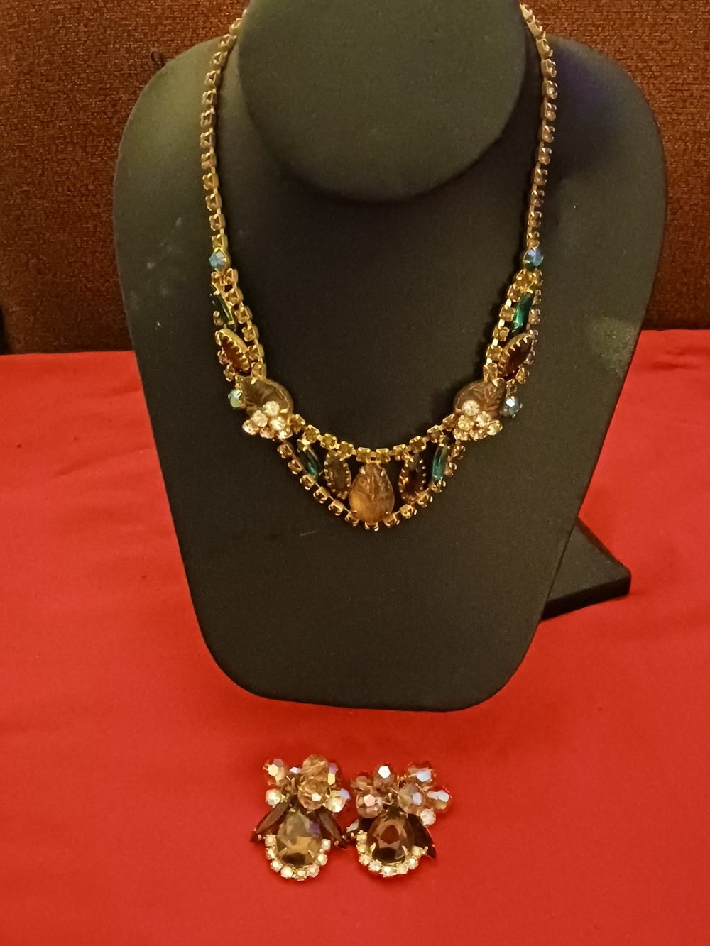 Gold-Tone Brown Crystal Statement Necklace and Earring Set